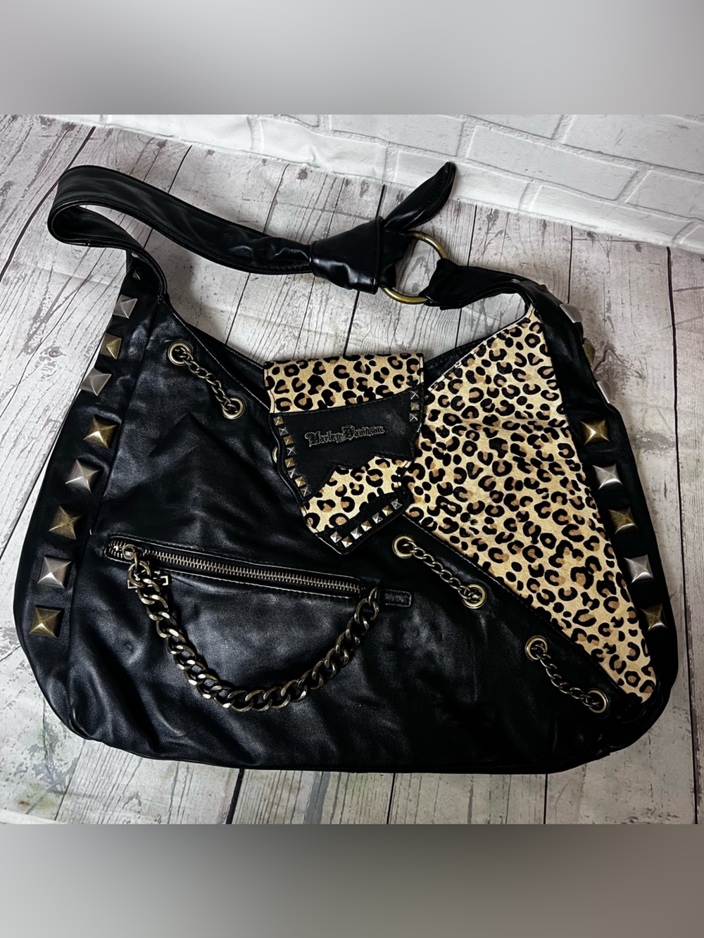 Harley-Davidson Y2K Shoulder Hobo Back Black Leather Leopard Studs Chain Biker